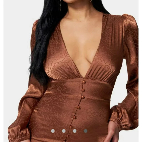 NEW Bebe Satin Button Up Jacquard Mini Dress Women Medium Copper Rust‎ Orange - Picture 3 of 10